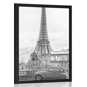 Plagát pohľad na Eiffelovu vežu z ulice Paríža v čiernobielom prevedení - 30x45 black