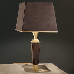Masiero Stolná lampa Darshan s koženým poťahom, Obývacia izba / jedáleň, kov, drevo, koža, E27, 60W, P: 25 cm, K: 48cm