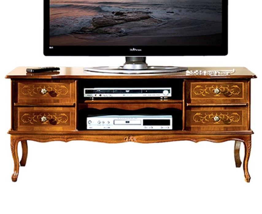 Estila Masívny luxusný klasický TV stolík Clasica so štyrmi zásuvkami a dvomi poličkami s rustikálnym zdobením 123cm