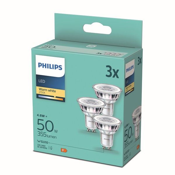 Philips 8718699777913 LED žiarovka GU10 PAR16 4,6W/50W 355lm 2700K 36D 3-set