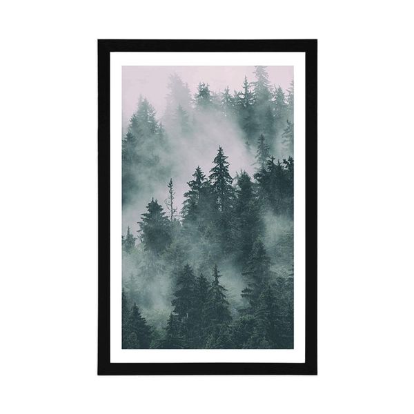Plagát s paspartou hory v hmle