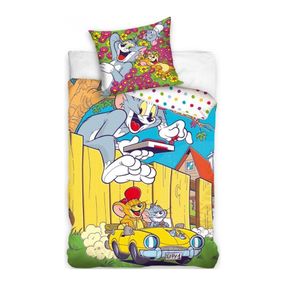 Carbotex · Bavlnené posteľné obliečky Tom a Jerry v žltom kabriolete - 100% bavlna Renforcé - 70 x 90 cm + 140 x 200 cm