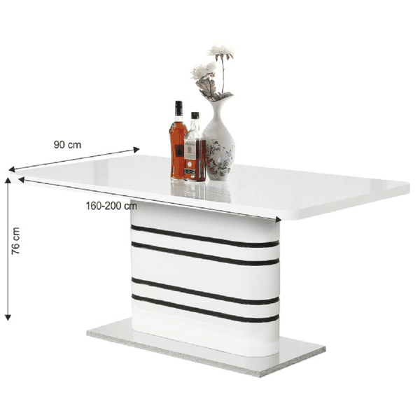 Jedálenský rozkladací stôl, biela vysoký lesk HG/čierne pásy, 160-200x90 cm, TUBAL