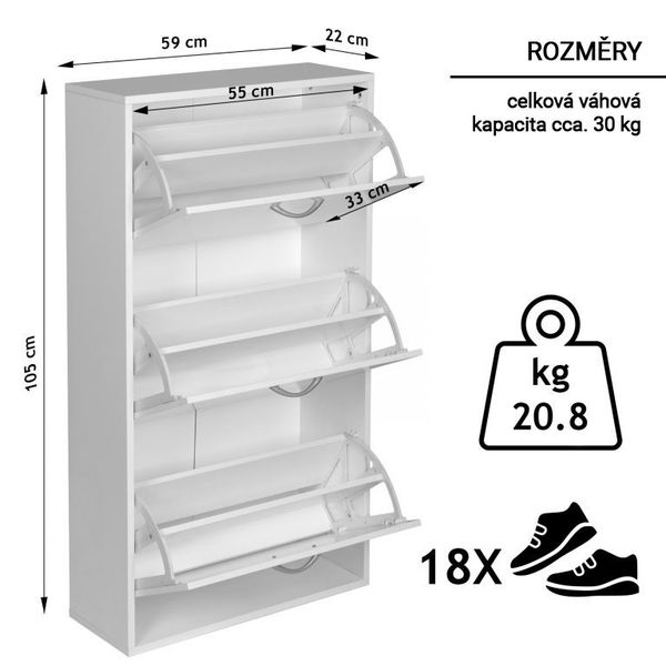 Miadomodo Výklopný botník biely - 59 x 105 x 22 cm