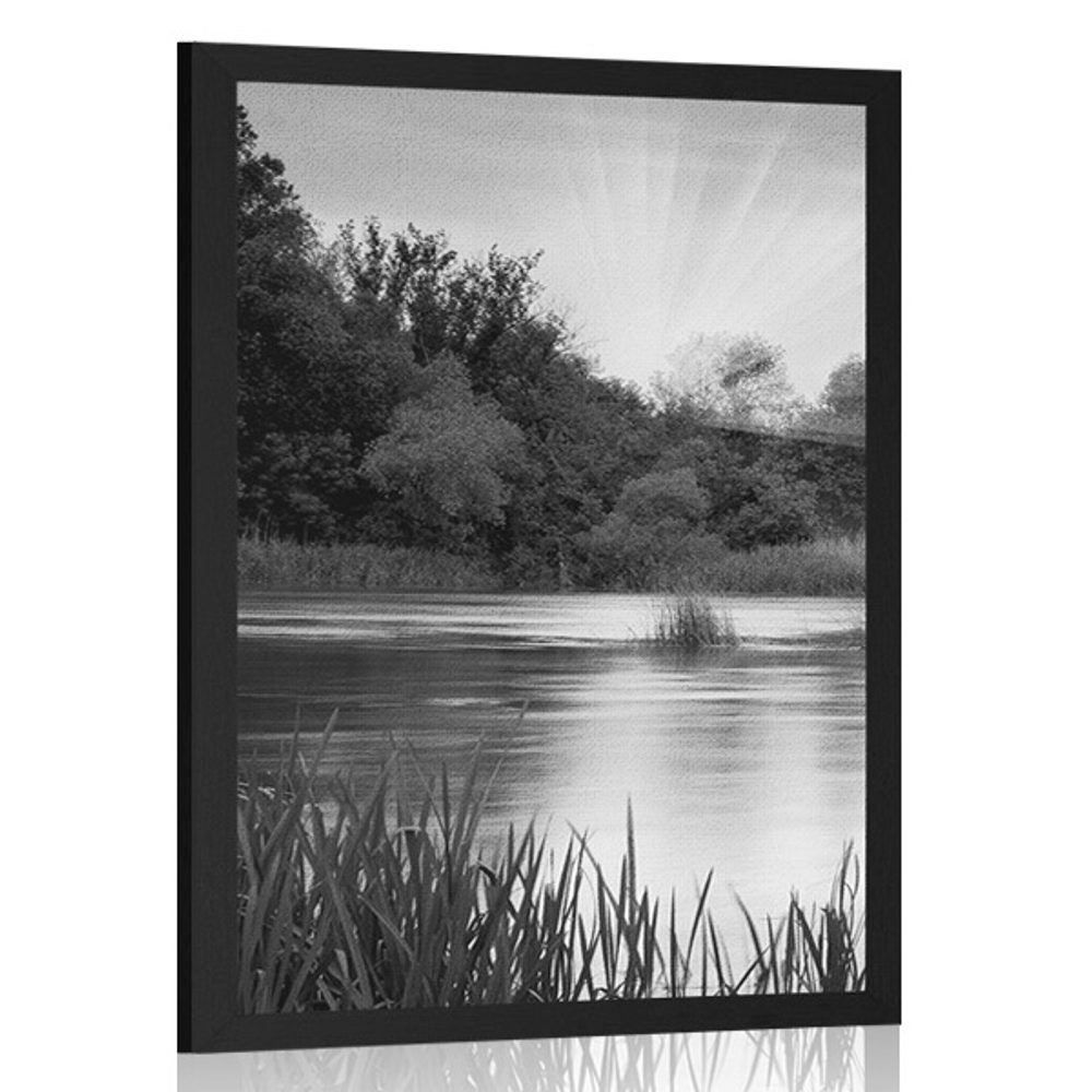 Plagát východ slnka pri rieke v čiernobielom prevedení - 40x60 black