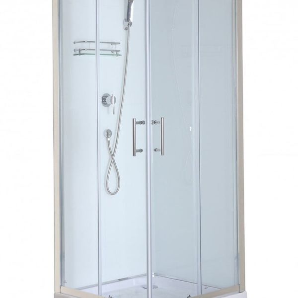 Sprchový box LIZA WHITE, štvorcový, 80 x 80, profil chróm, sklo transparent, zadné biele, vanička, bez striešky