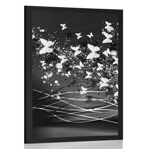 Plagát nádherný jeleň s motýľmi v čiernobielom prevedení - 20x30 black