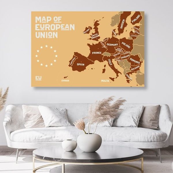 Obraz na korku náučná mapa s názvami krajín európskej únie v odtieňoch hnedej - 90x60  color mix