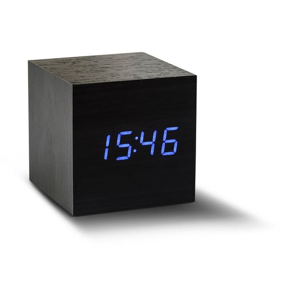 Čierny budík s modrým LED displejom Gingko Cube Click Clock