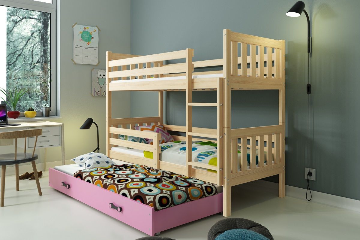 Poschodová posteľ s prístelkou CARINO 3 - 190x80cm - Borovica - Ružová