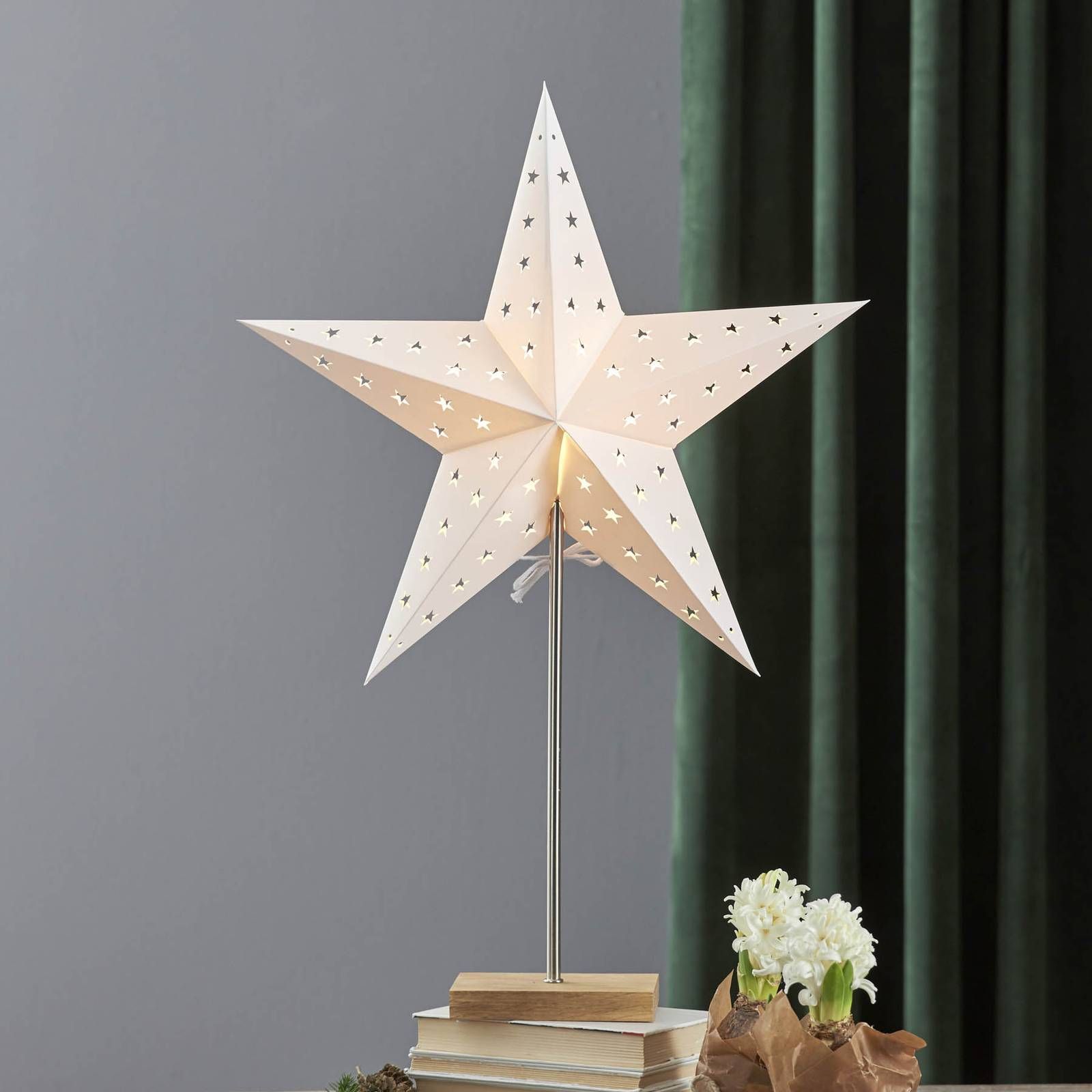 STAR TRADING Stojaca hviezda Leo so vzorom hviezd, biela/dub, papier, drevo, kov, E14, 25W, P: 43 cm, L: 16 cm, K: 65cm