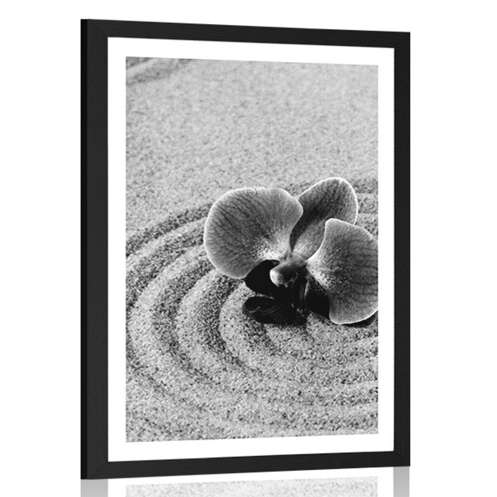 Plagát s paspartou piesočnatá Zen záhrada s orchideou v čiernobielom prevedení - 40x60 black