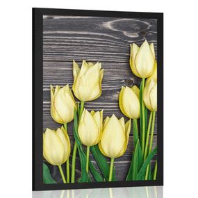 Plagát žlté tulipány na drevenom podklade - 40x60 silver