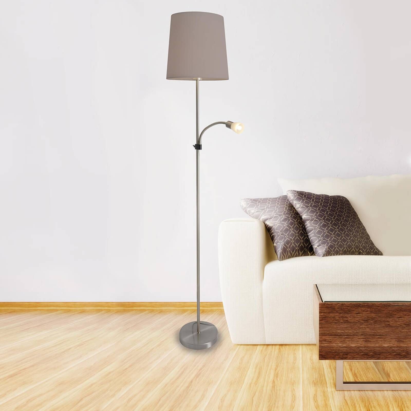 Näve Textilná stojaca lampa Lara LED na čítanie, Obývacia izba / jedáleň, kov, textil, sklo, E27, Energialuokka: F, K: 167cm