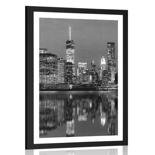 Plagát s paspartou odraz Manhattanu vo vode v čiernobielom prevedení - 30x45 black