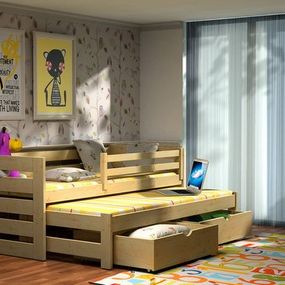 Detská posteľ s výsuvnou prístelkou z MASÍVU 200x90cm bez šuplíka - DPV007 - morenie dub