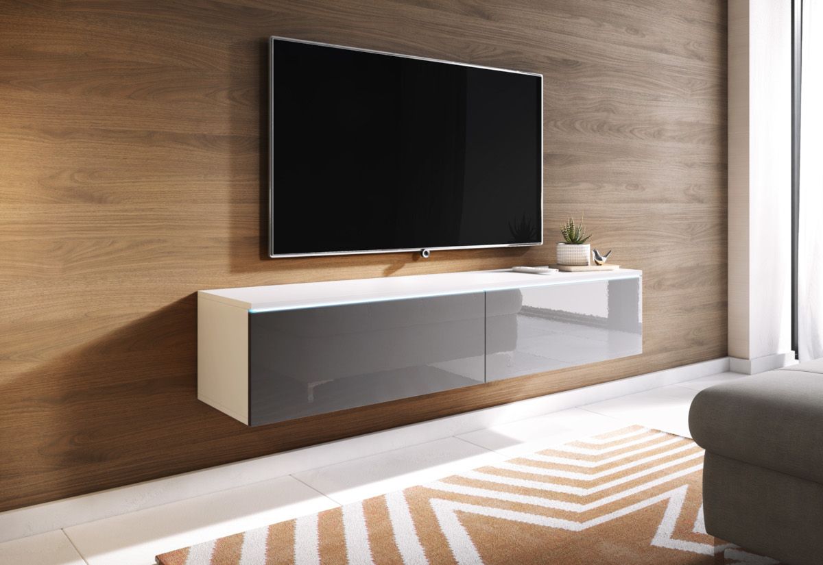 Expedo TV stolík MENDES D 140, 140x30x32, biela/siva lesk + LED