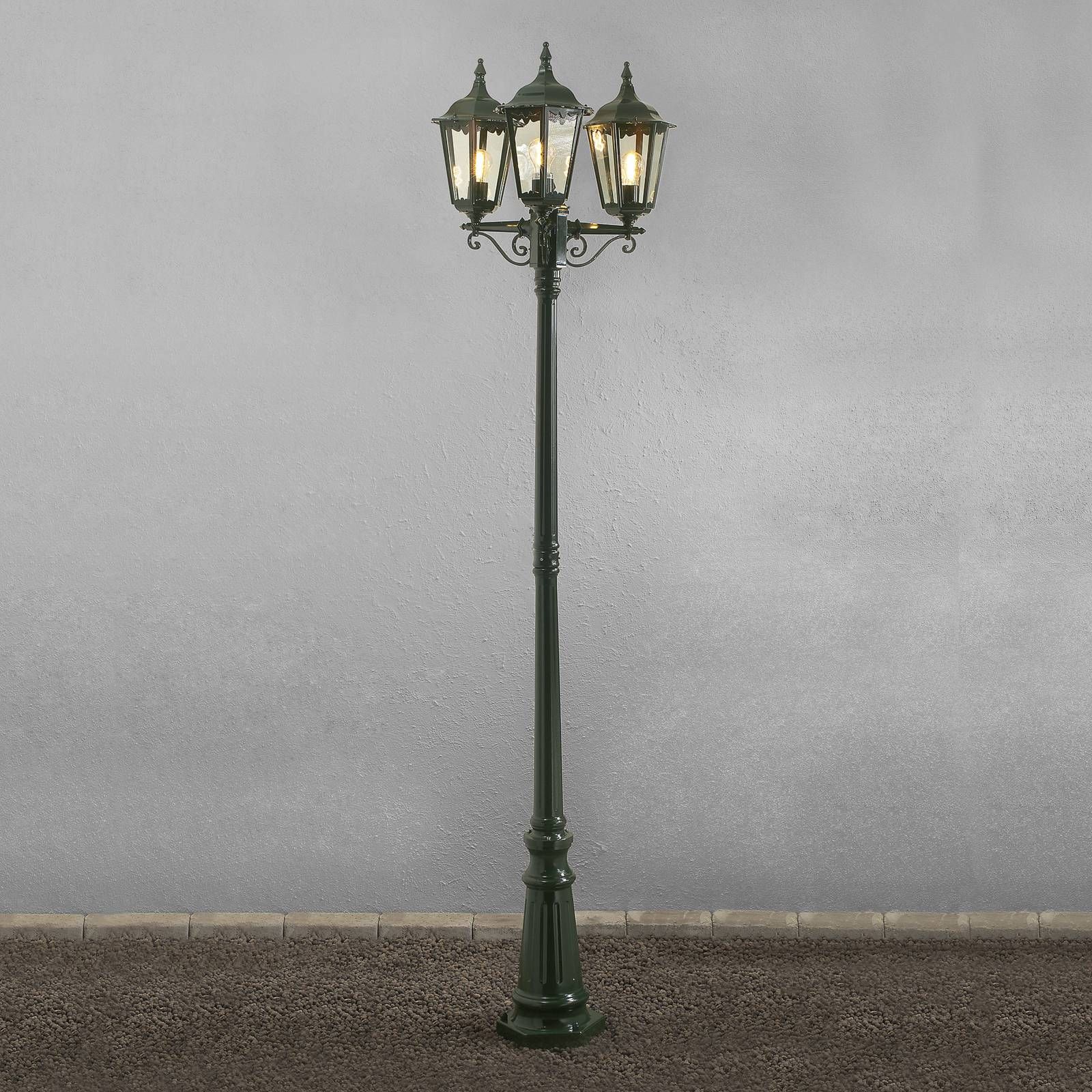 Konstsmide Stĺpové svietidlo Firenze, 3-plameňové zelené, hliník, sklo, E27, 100W, K: 220cm
