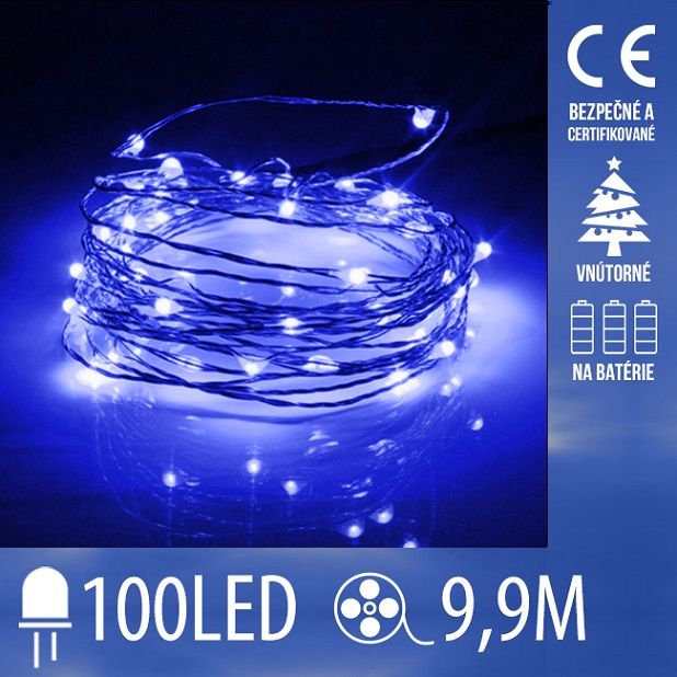 Vianočná LED svetelná mikro reťaz na batérie - 100LED - 9,9M Modrá