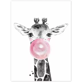 Obraz na stenu - Žirafa s ružovou bublinou