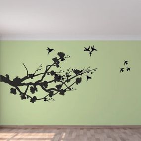 DomTextilu Nálepka na stenu do interiéru konár stromu a lietajúce vtáky 60 x 120 cm