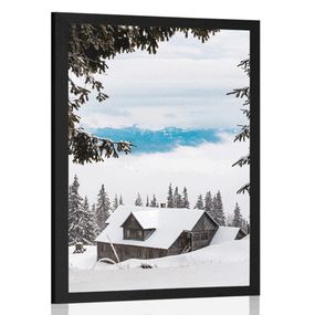 Plagát drevený domček pri zasnežených boroviciach - 30x45 black