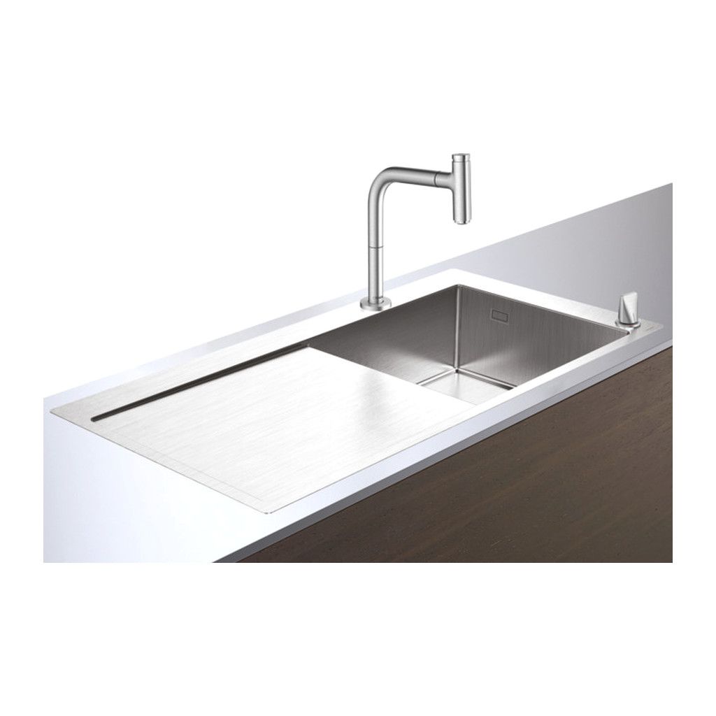 Hansgrohe - Kombinácia nerezového drezu 1045x510mm s odkladacou plochou, drezovou batériou a ovládacou kyvnou pákou, komplet, vzhľad nerezu 43205800