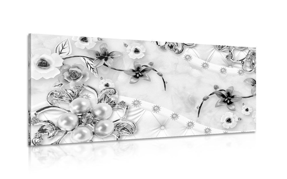 Obraz luxusné kvetinové šperky v čiernobielom prevedení - 120x60