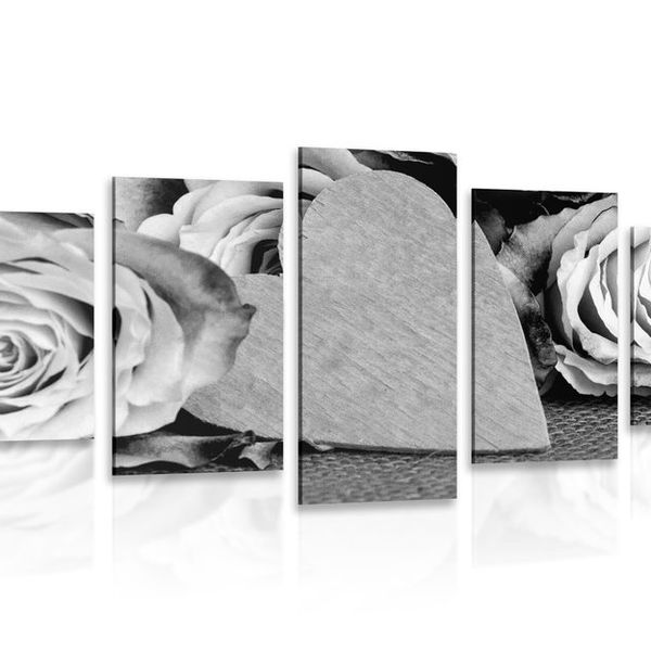 5-dielny obraz valentínske ruže v čiernobielom prevedení - 200x100