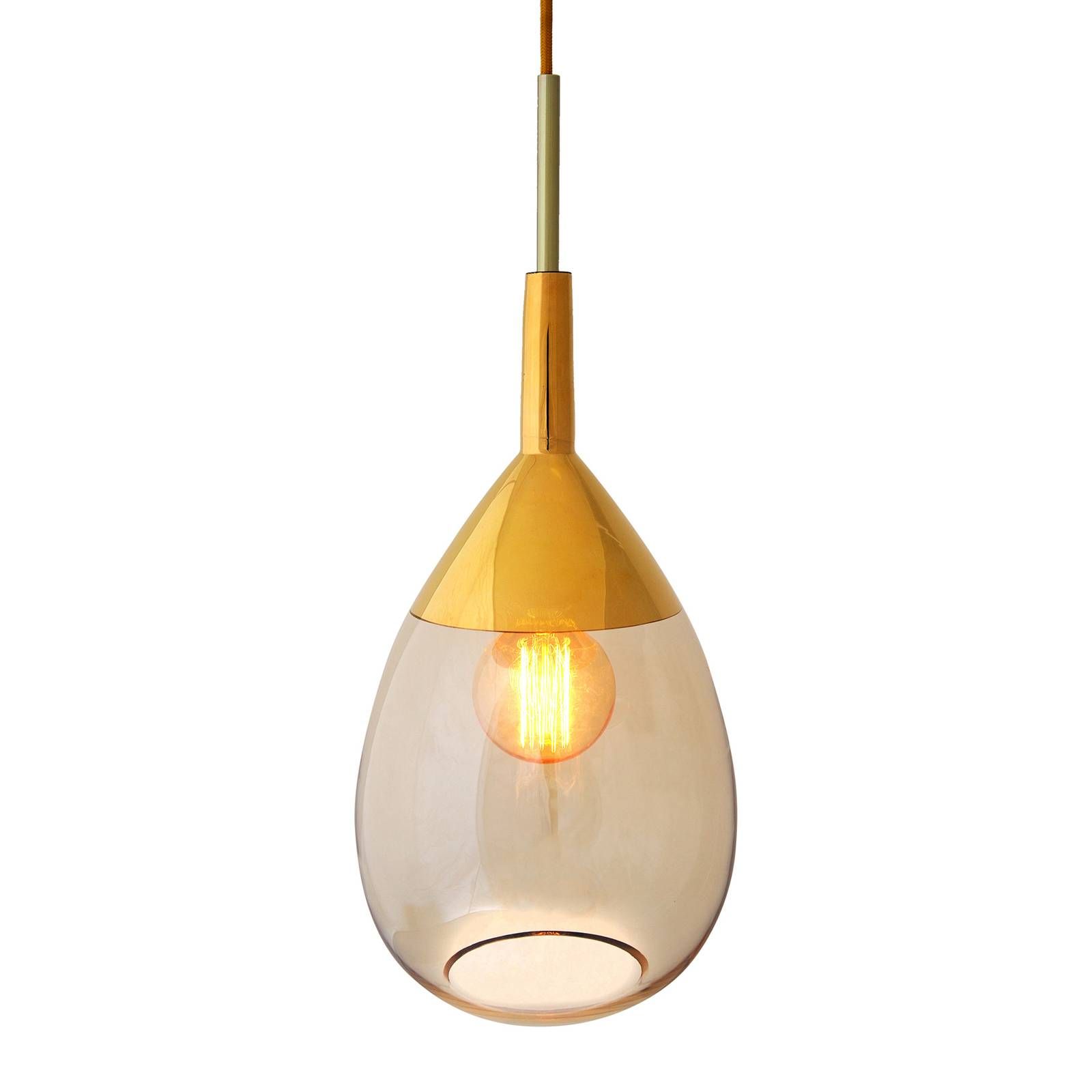 EBB & FLOW Lute M závesná lampa zlatá zlatá-dymová, Obývacia izba / jedáleň, sklo, kov, textil, E27, 25W, K: 49cm