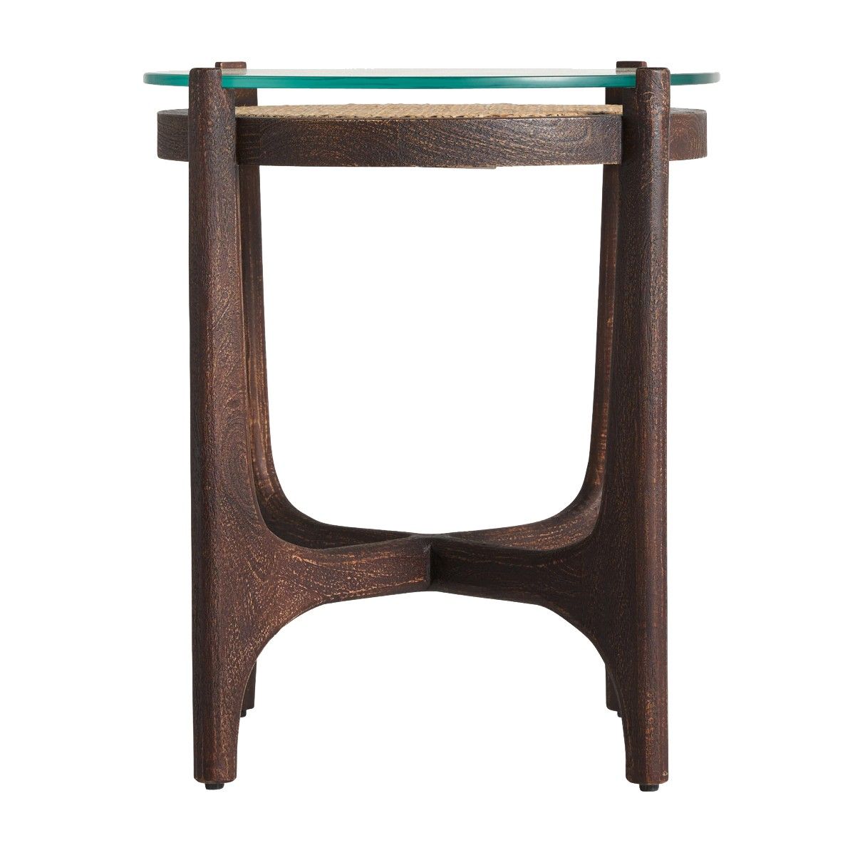 Estila Moderný okrúhly príručný stolík Nossen z mangového dreva, skla a ratanu v hnedej farbe 56cm