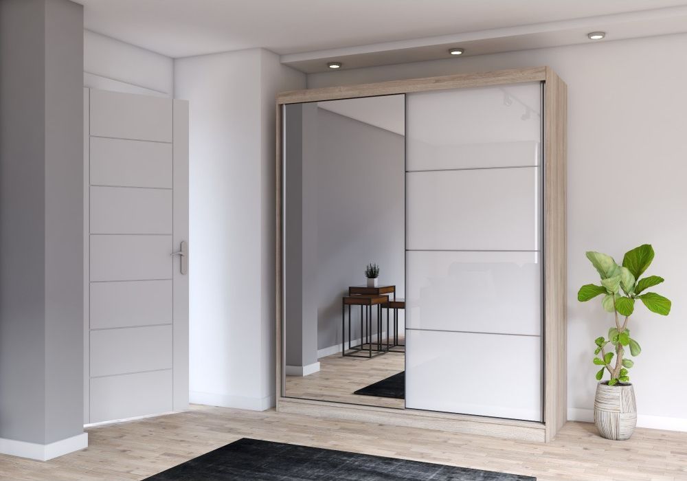 Mebli Idzczak Multi 35 s posuvnými dverami so zrkadlom 183 cm Sonoma/biela + zrkadlo