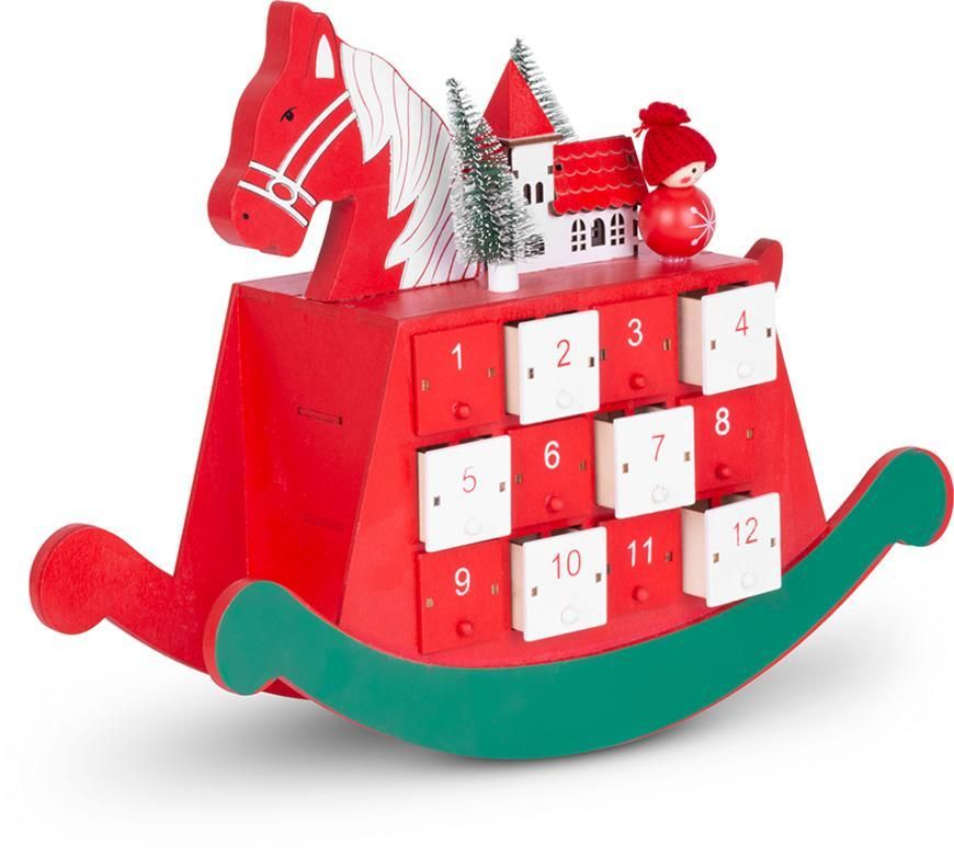 Dekorácia MagicHome Vianoce, Drevený adventný kalendár - koník, 2x LED, 2xAAA, 34,50x12x28 cm