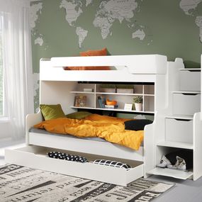 Detská poschodová posteľ s rozšíreným spodným lôžkom a zásuvkou HARRY biela - 200x90/120 cm