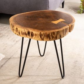 Estila Industriálny okrúhly príručný stolík Terra z masívneho akáciového dreva s čiernymi nohami z kovu 40cm