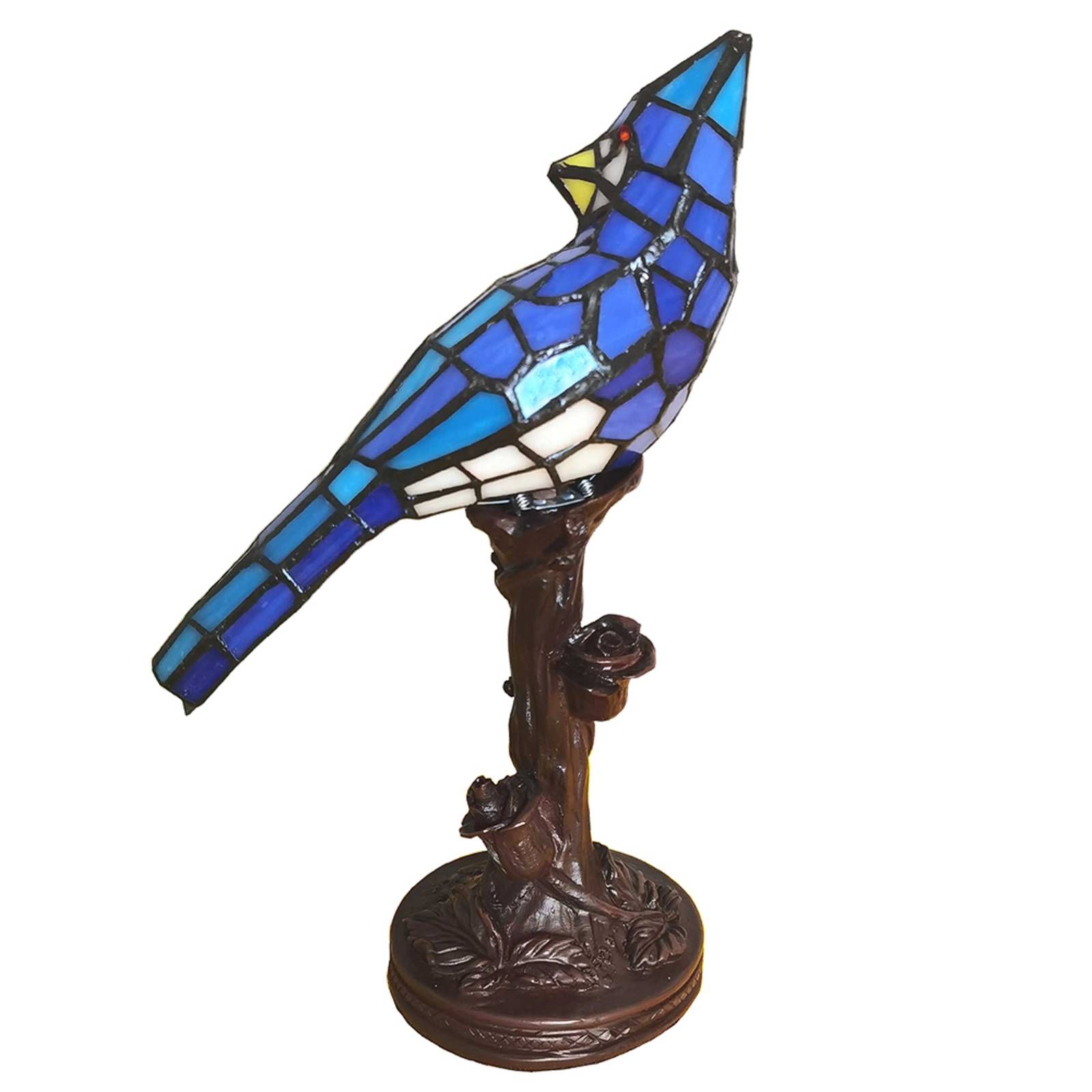 Clayre&Eef Stolová lampa 5LL-6102BL Vták, modrá štýl Tiffany, Obývacia izba / jedáleň, polyrezín, sklo, E14, 25W, P: 15 cm, L: 12 cm, K: 33cm