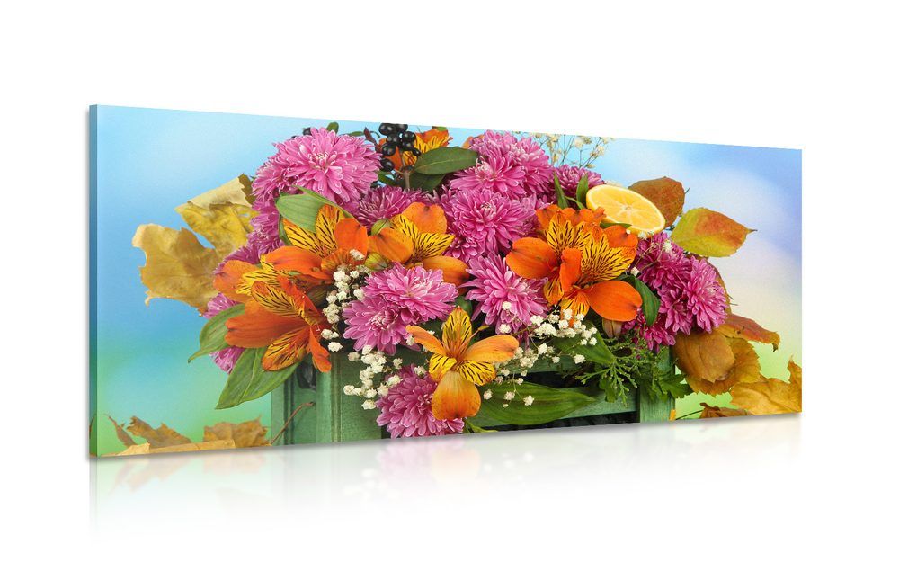 Obraz kompozícia jesenných kvetov v debničke
