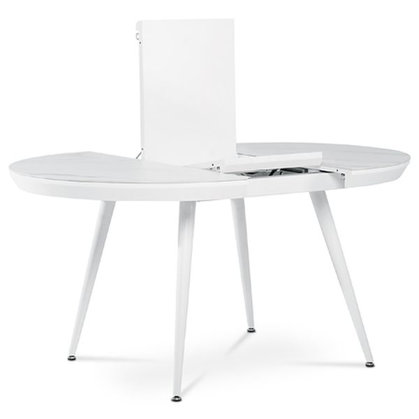 Autronic Jedálenský stôl 110+40x110 cm, keramická doska s dekorom biely mramor, MDF, kovové nohy, bílý matný lak - HT-409M WT