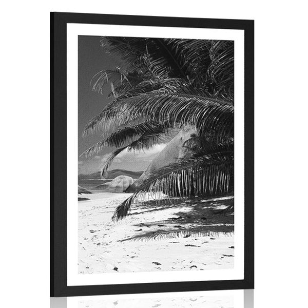 Plagát s paspartou krásy pláže Anse Source v čiernobielom prevedení - 60x90 white