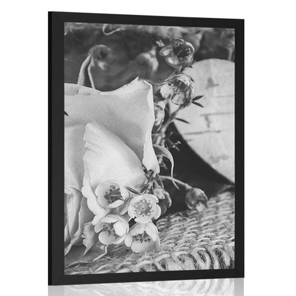 Plagát ruža a srdiečko v jute v čiernobielom prevedení - 20x30 white