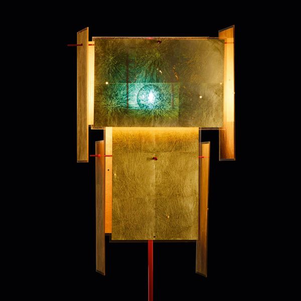 Ingo Maurer 24 Karat Blau lampa, červené tyče, Obývacia izba / jedáleň, kov, akryl, lístkové zlato, E27, 57W, P: 53 cm, L: 53 cm, K: 167cm