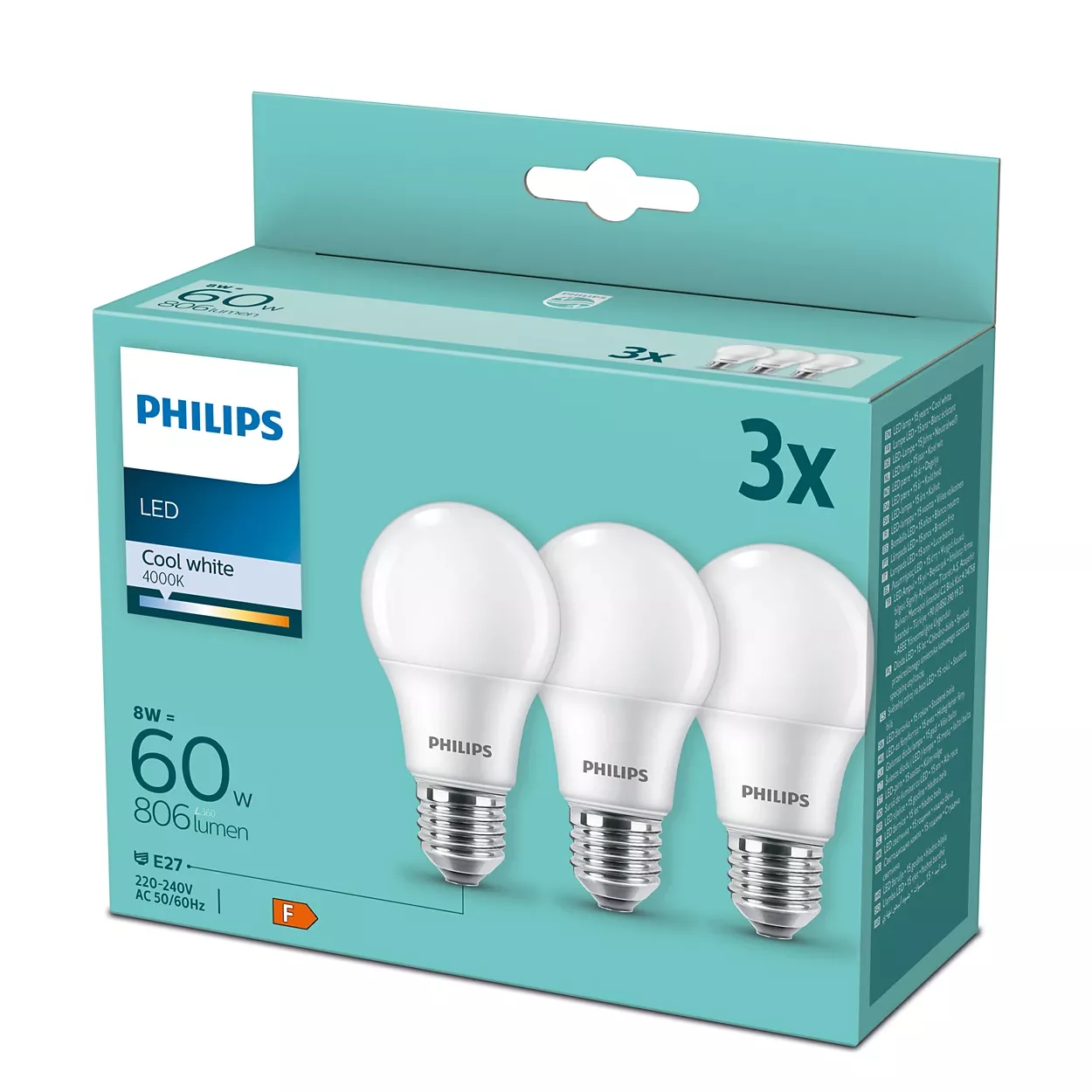 Philips LED 9W/60W 806lm A60 E27 4000K CW FR ND 3-set