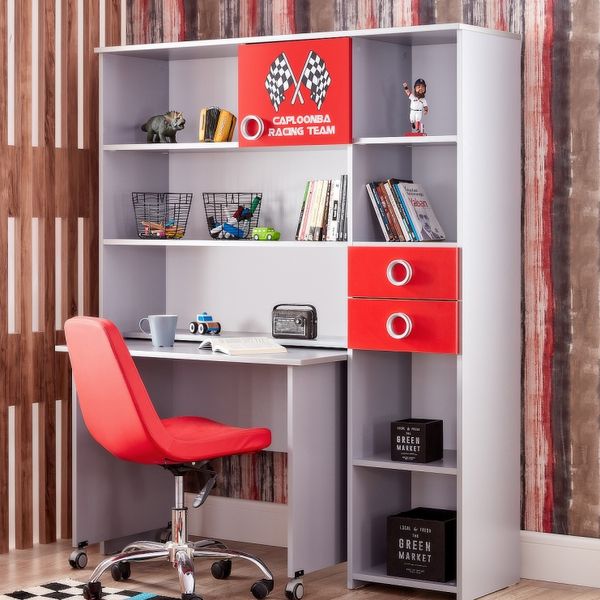Písací stôl s knižnicou grand prix - šedá/červená