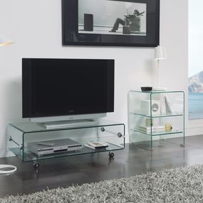 Estila Dizajnový sklenený TV stolík Cristallere na kolieskach s úložným priestorom 100cm