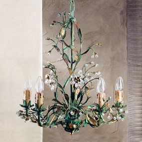 Ferro Luce Zelený florentínsky visiaci luster Francesca, Obývacia izba / jedáleň, kov, krištáľ Asfour, E14, 40W, K: 52cm