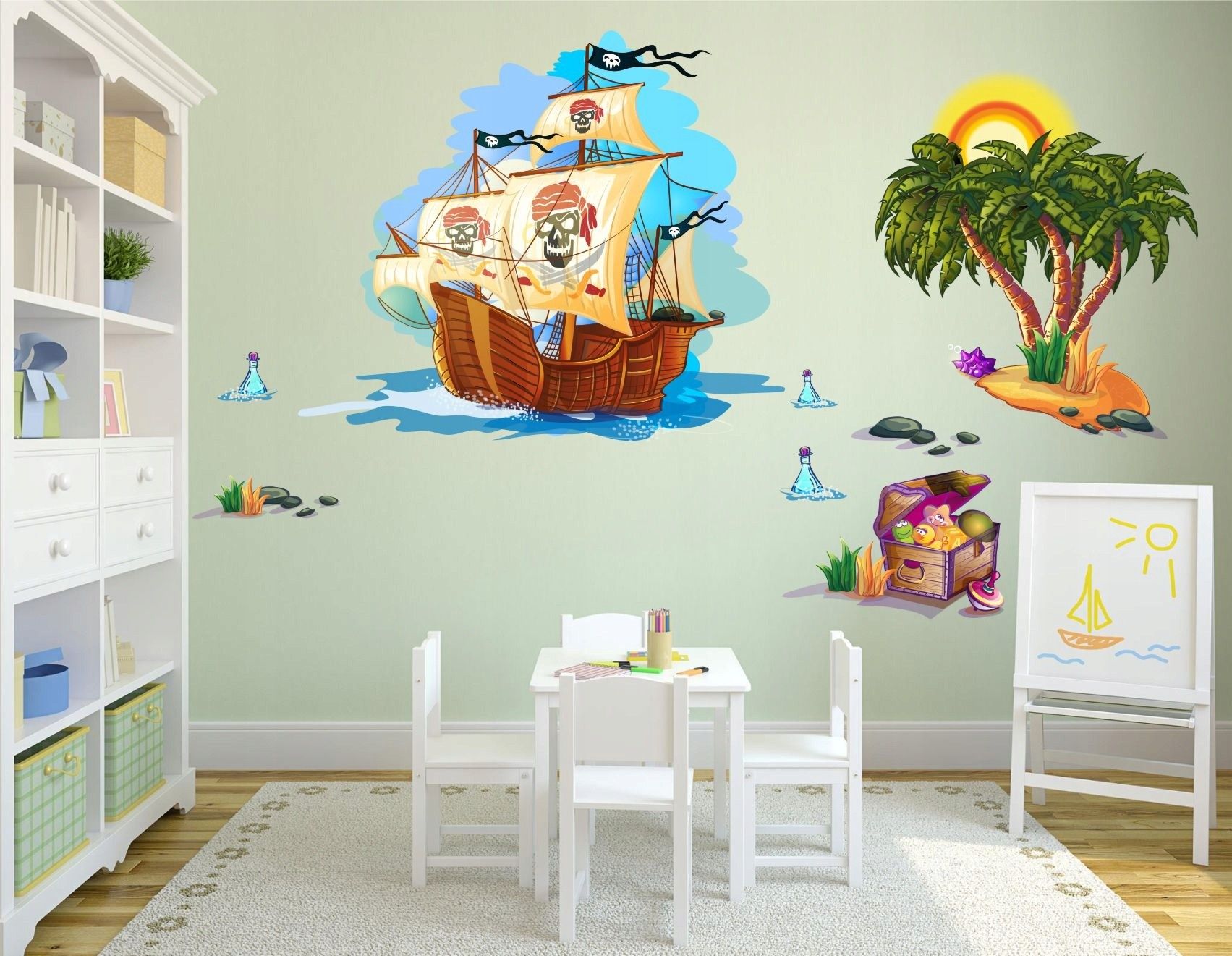 DomTextilu Farebná dekoračná nálepka na stenu pirátska loď s pokladom 100 x 200 cm 46631-217519  