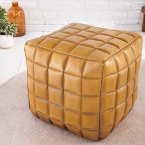 Estila Dizajnová kožená taburetka Sibei štvorcového tvaru v koňakovej hnedej farbe 40cm