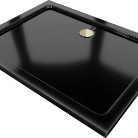 MEXEN/S - Flat sprchová vanička obdĺžniková slim čierna + zlatý sifón 40708010G