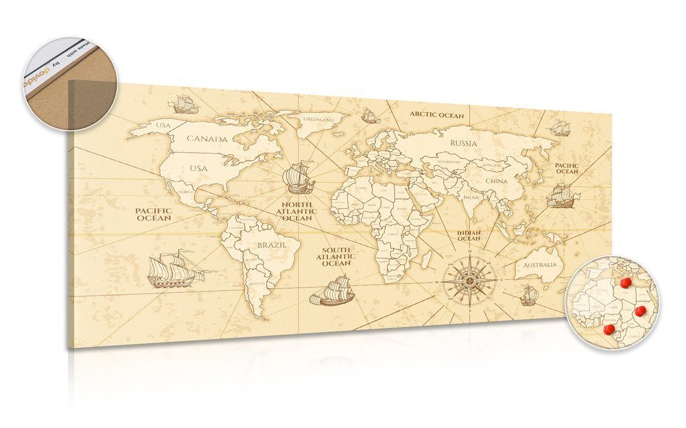 Obraz na korku mapa sveta s loďkami - 120x60