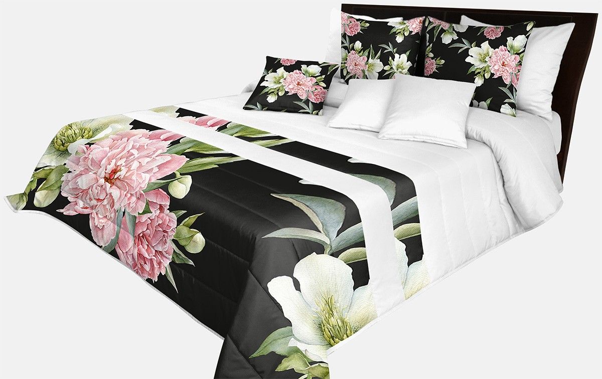 DomTextilu Prešívaný prehoz na posteľ v čierno-bielej farbe s dokonalou potlačou kvetín Šírka: 240 cm | Dĺžka: 240 cm 65860-239524